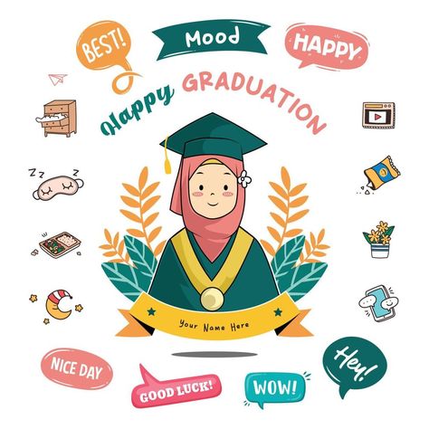 Happy graduation. Vector illustration hijab girl on graduation in doodle style. Suitable for gift idea, mug design, sticker, etc Graduation Vector Illustrations, Graduation Doodles, Graduation Illustration, Graduation Vector, Graduation Design, Doodle Style, Happy Graduation, Hijab Girl, Islamic Girl