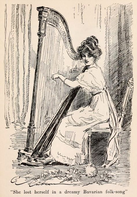 Charles Dana Gibson Music Drawing Ideas, Bass Violin, Music Drawing, Charles Dana Gibson, Violin Cello, Dana Gibson, Portfolio Art, Arte Grunge, The Harp