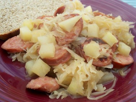 Savory Sausage And Sauerkraut Skillet Recipe - Food.com Crock Pot Pork And Sauerkraut Recipe, Pork And Sauerkraut Recipe, Slow Cooker Kielbasa, Sausage Sauerkraut, Tastee Recipe, Sauerkraut Recipe, Sausage Potato, Kielbasa Recipes, Polish Sausage