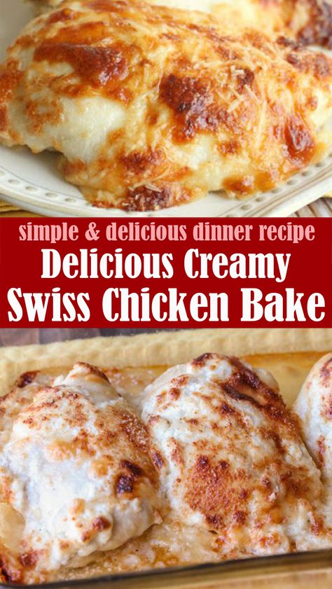 Easy and Delicious Creamy Swiss Chicken Bake – Reserveamana Blw Chicken, Creamy Swiss Chicken, General Tao Chicken, Swiss Chicken Bake, Creamy Chicken Bake, Chicken Breast Casserole Recipes, Quick Chicken Breast Recipes, Chicken And Cheese Recipes, Swiss Chicken