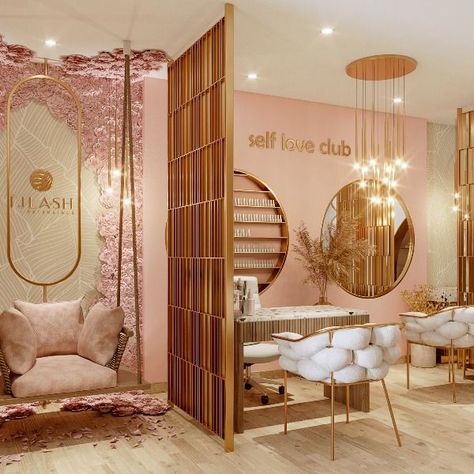 Salón de belleza utilizando colores rosa y dorado Salon Suite Decor, Bridal Logo, Pakistani Bridal Couture, Nail Salon Interior, Reception Desk Design, Studio Makeup, Moon Nails, Salon Interior Design, Spa Design