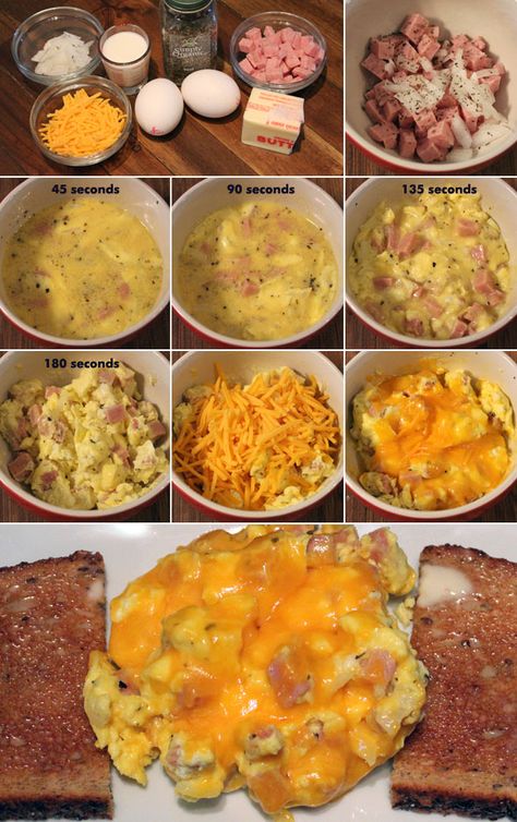 Scrambled Eggs and Ham (Microwave) Microwave Recipes Dinner, Microwave Scrambled Eggs, Microwave Cooking Recipes, Easy Microwave Recipes, Microwave Breakfast, Scrambled Eggs Recipe, Ham Cheese, Mug Recipes, Microwave Cooking