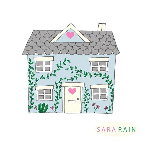 Cute house illustration by Sara Rain design.  Cute house drawing. Country house drawing. House with vines illustration. Cute cottage illustration House With Vines, Cute House Drawing, Cute House Illustration, Vines Illustration, Cottage Illustration, Rain Design, Cute Cottage, Illustration Cute, House Illustration