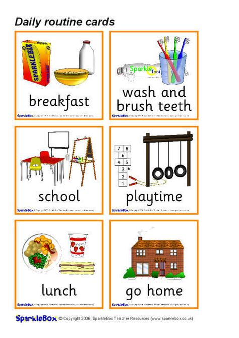 Daily Routine Picture Cards (SB514) - SparkleBox Daily Routine Worksheet, Teach English To Kids, Routine Cards, Fall Preschool Activities, Learning English For Kids, Fall Preschool, Alphabet Activities Preschool, Math Time, English Lessons For Kids