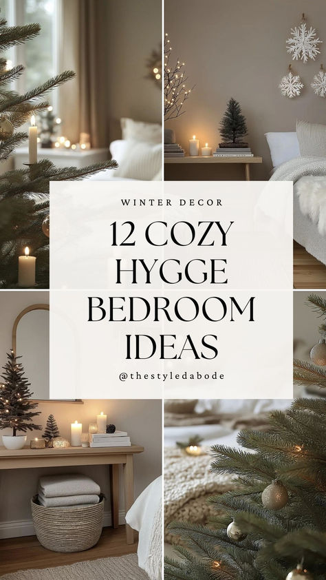 hygge winter bedroom decor ideas White Christmas Decor Bedroom, Cozy Hygge Bedroom, Hygge Dinner, Winter Bedroom Ideas, Christmas Guest Bedroom, Hygge Decor Inspiration, Winter Home Decor Cozy, Hygge Bedroom Ideas, Winter Decor Ideas For The Home