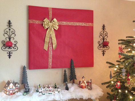 Wrapped Frames On Wall Christmas, Picture Wrapped As A Present On Wall, Wrapped Picture Frames Christmas, Pictures Wrapped As Presents On Wall, Wrapping Pictures On Wall Christmas, Christmas Card Stand, Christmas Wall Decor Diy, Christmas Checklist, Hate Christmas