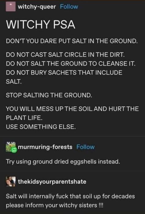 Salt in the ground can and will kill plant life and insects! Don't muck up the soil! Open Practices Witchcraft, Which Witch, Authentic Love, Wiccan Magic, Spell Casting, Witch Spirituality, Under Your Spell, Eclectic Witch, Witchcraft Spell Books