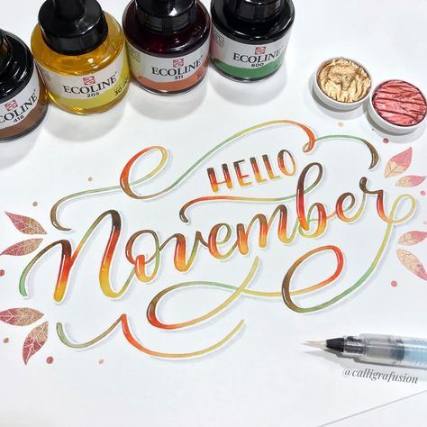 Months Calligraphy, November Calligraphy, November Watercolor, 2024 Bujo, Calligraphy Ideas, Calligraphy Drawing, Hello November, Lettering Art, Hand Lettering Art