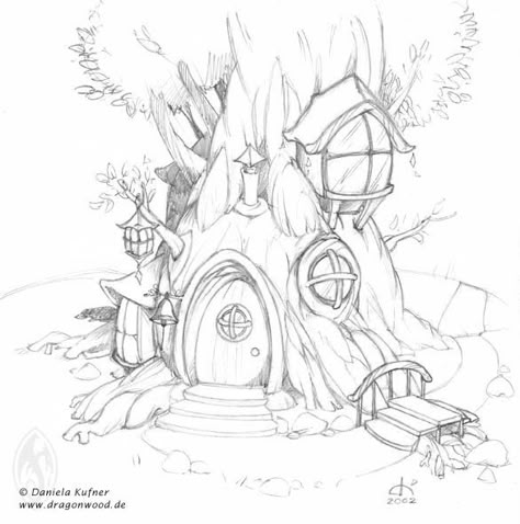 Houses In Trees, Fairy House Drawing, Tree House Drawing, Fairy Tree Houses, House Tree, Tree House Kids, Kid Coloring Page, Fairy Tree, Butterfly Drawing