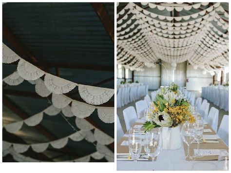 Wedding Reception Ceiling, Doily Wedding Decor, Paper Doilies Wedding, Doily Ideas, Marquee Wedding Decoration, Doily Bunting, Reception Ceiling, Diy Doily, Marquee Decoration