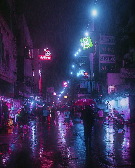 Manila Philippines Aesthetic Night, Asian City, Bonifacio Global City, Neon Noir, Global City, Cyberpunk Aesthetic, Cyberpunk City, My Year, Rainy Night