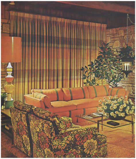 1960s Living Room 1970s Curtains, 70s Curtains, Retro Style Living Room, 70s Living Room, 70s Interior Design, Retro Rooms, Retro Curtains, 70s House, 70s Interior