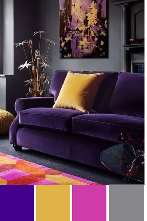 Pop Art Design Interior, Deco Violet, Purple Couch, Purple Furniture, Purple Living Room, Sofa Design Ideas, Purple Sofa, Yellow Living Room, Trendy Living Rooms