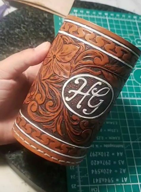 Tooled leather custom koozie!! Paloma creek handmade Tooled Leather Koozie, Beer Koozies, Custom Koozies, Leather Projects, Custom Leather, Leather Tooling, Leather Working, Leather Craft, Cuff Bracelets