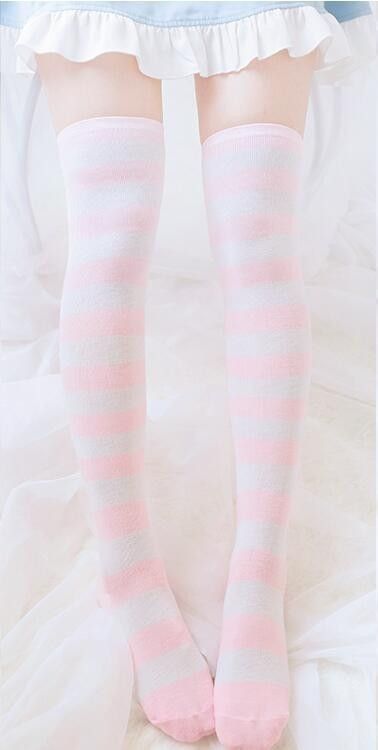 Pink & white striped thigh-high socks Kawaii Thigh High Socks Outfit, Pastel Thigh Highs, Cute High Socks, Cutecore Socks, Thigh Socks Aesthetic, Cute Thigh Highs, Skirt With Thigh High Socks, Thigh High Socks Aesthetic, Pink Thigh Highs