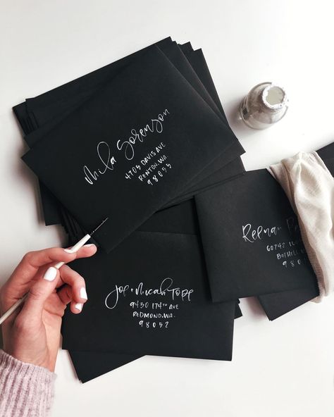 On the desk today ✉️ All of my envelope orders this week are black and each is with a different ink color! Loving the contrast. Next up is… Punk 57, Calligraphy Envelope, Invitation Calligraphy, Black Envelopes, Karten Design, Text Layout, Calligraphy Wedding Invitation, Envelope Art, Invitation Inspiration