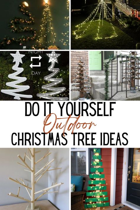 DIY outdoor Christmas tree ideas! Outdoor Diy Xmas Decorations, Diy Outdoor Christmas Tree With Lights, Outdoor Christmas Tree Ideas Diy, Outdoor Wood Christmas Tree Diy, 2x4 Christmas Tree Outdoor, Christmas Tree Outdoor Diy, Diy Spiral Christmas Tree Outdoor, Diy Outdoor Lighted Christmas Tree, Diy Christmas Tree Planter