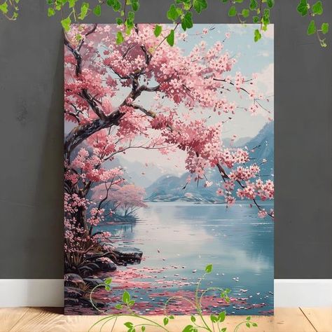 Cherry Blossom Trees Painting, Landscape Pastel, Water Spring, Office Corridor, Tree Painting Canvas, Framed Canvas Painting, Canvas Painting Tutorials, Spring Landscape, Painting Art Lesson