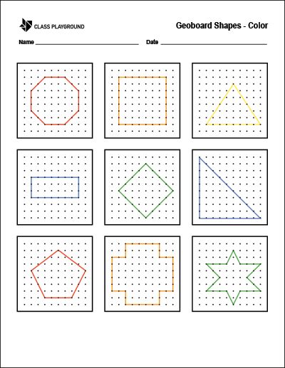 Printable Geoboard Shapes Color Diy Geo Board, Geoboard Patterns Free Printable, Geoboard Activities, Geo Board Patterns Printable Free, Free Geoboard Printables, Geoboard Task Cards Free, Task Boxes Preschool, Montessori Geometric Solids, Geo Board