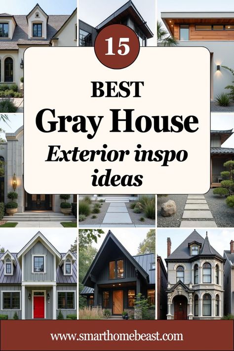 A collage showcasing various gray house exteriors, including modern, Victorian, farmhouse, and contemporary styles, ideal for inspiring home exterior redesign. Houses With Gray Siding, Gray House With White Windows, Small Grey House Exterior, Best Exterior Grey Paint Colors, Gray House Color Scheme Exterior, Grey Craftsman House Exterior, Grey Outdoor House Paint, Grey Exterior Paint Colors For House, Exterior Gray Paint Colors For House