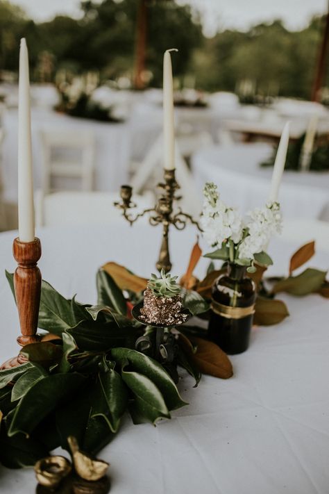 Magnolia Leaves Wedding, Magnolia Leaves Centerpiece, Brass Wedding Decor, Magnolia Centerpiece, Magnolia Garland, Magnolia Leaf, Table Garland, Candle Arrangements, Magnolia Wedding