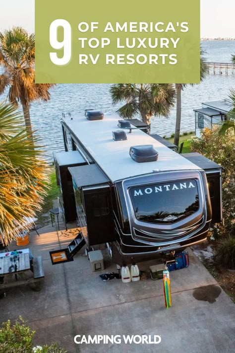 If luxury is your style, we've got you covered with some of the top highly-rated luxury RV resorts across the country. #campingworld #rvlife #rvresort #traveldestinations Rv Vacation Ideas, Best Rv Trips In Us, Campground Resort, Rv Camp Grounds, Montana Camping, Glamping Resorts Luxury Camping, Michigan Campgrounds, Hilton Head National Rv Resort, Boondocking Camping