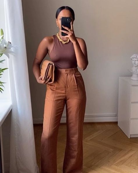 Body Suit Outfits Office, Bodysuit Professional Outfit, Neutral Outfit Black Women, Brown And White Outfit Black Women, Brown Clothes On Black Women, Outfits With Bodysuits Black Women, Black Women In Brown Outfits, Black White And Brown Outfits, Nude Clothes Aesthetic