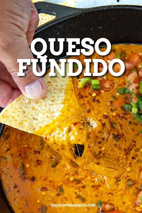 This Queso Fundido recipe is the ultimate cheese dip with loads of gooey cheese, spicy chorizo and roasted poblanos, topped with a quick homemade salsa. Don't forget the chips! Best eaten hot, right away. Homemade Chunky Salsa, Queso Fundido Recipe, Inexpensive Appetizers, Fundido Recipe, Chili Pepper Recipes, Mexican Breakfast Recipes, Queso Fundido, Spicy Chicken Recipes, Gooey Cheese