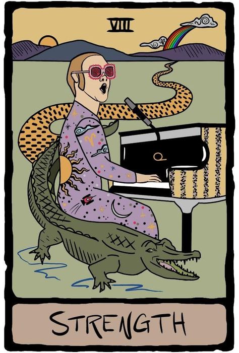 Elton John Tattoo Ideas, Elton John Tattoo, Elton John Art, Tarot Illustration, Haunted House Drawing, Strength Tarot Card, David Bowie Tattoo, Strength Tarot, A Kind Of Magic