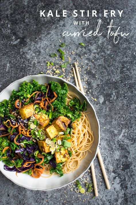 A nutritious kale stir fry with crispy curried tofu, perfect for a quick weeknight fix! Tofu And Noodles, Curried Tofu, Kale Stir Fry, Tofu Noodles, Pasta Food Recipes, Chard Recipes, Kale Leaves, Firm Tofu, Healthy Weeknight Dinners