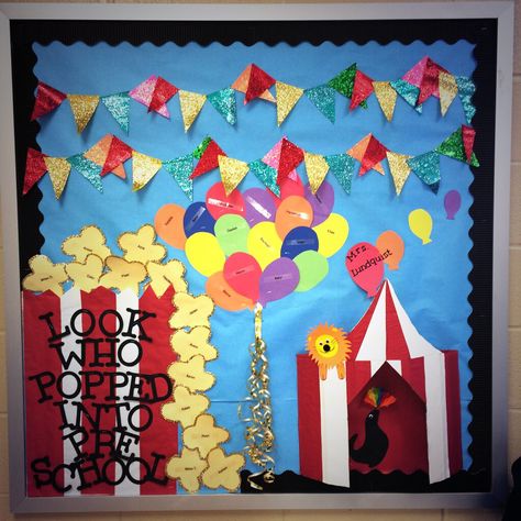 My class had to make a circus theme board for the first day of preschool and here was our creation! #preschool #board #circus #theme Circus Bulletin Boards, Theme Classroom Ideas, Creation Preschool, Carnival Bulletin Boards, Carnival Classroom, Circus Classroom, Circus Activities, Circus Design, Theme Board