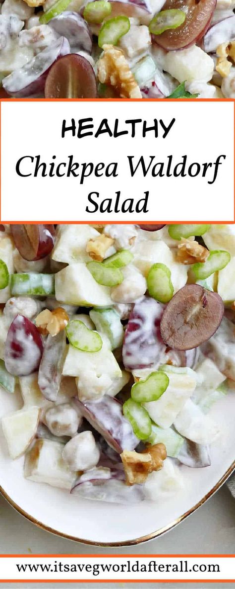 If you love Waldorf salad and want to make a lightened up version, try this healthy twist with Greek yogurt dressing and chickpeas! It's a delicious vegetarian main or side dish and deserves a spot on your holiday table. Waldorf Salad Recipe Healthy, Butternut Squash Goat Cheese, Squash Goat Cheese, Roasted Kohlrabi, Christmas Veggie, Sourdough Breakfast, Carrot Raisin Salad, Waldorf Salad Recipe, Jicama Slaw