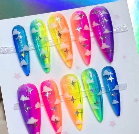 Jelly Rainbow Nails, Clowncore Nails, Rainbow Acrylic Nails, Nail Instructions, Press Nails, Pretty Nail Designs, Really Cute Nails, Nail Sets, Bright Nails