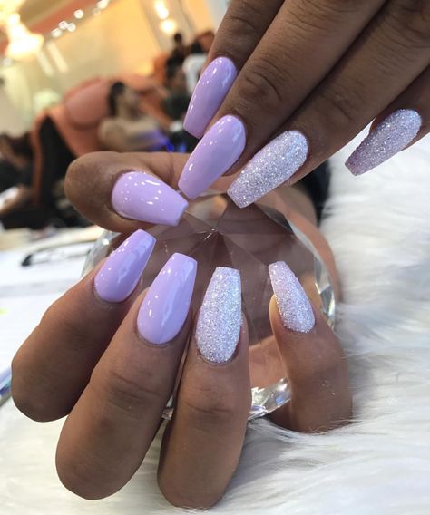 Purple Nail Inspo Coffin, Simple Purple Gel Nails, Light Purple Nails Medium Length, Light Purple Acrylic Nails Coffin Short, Lavender White And Silver Nails, Purple Prom Nails Coffin, Nail Art With Rhinestones Simple, Nails To Go With Purple Prom Dress, Lavender Grey Nails