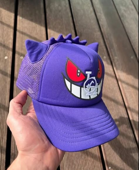 Gengar Hat, Custom Fitted Hats, Swag Hats, Dope Hats, Funky Hats, Hat Aesthetic, Trendy Boy Outfits, Custom Caps, Swag Girl Style