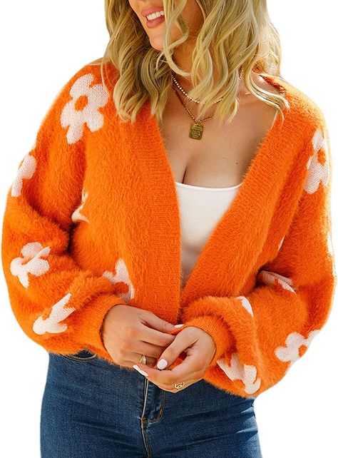 100% Polyester Pull On closure Hand Wash Only 🧥【Women Open Front Cropped Cardigan】:Made of polyester which is super soft-touch,stretch,fuzzy and skin-friendly,it is both comfy and warm for early fall and winter,the flower printed add sense of cuteness for your wearing. Flower Cardigan, Fall Cardigan, Orange Cardigan, Patchwork Cardigan, Flower Sweater, Fuzzy Cardigan, Knitted Flowers, Open Front Sweater, Mini Robes