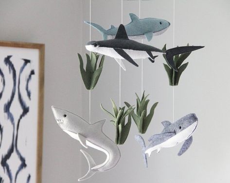 Shark Mobile, Shark Nursery Theme, Shark Nursery Decor, Rustic Baby Rooms, Ocean Mobile, Nautical Mobile, Shark Nursery, Driftwood Sailboat, Ocean Room Decor