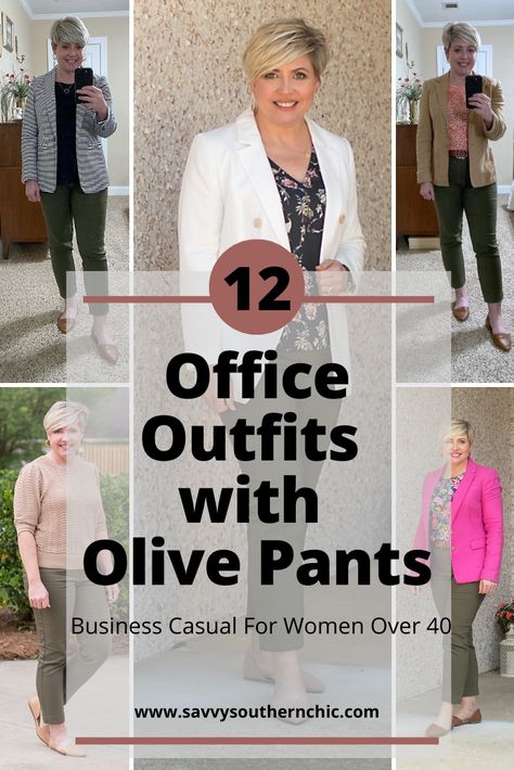 Olive Pants Outfit Women Work, Olive Crop Pants Outfit, How To Style Olive Green Pants Work, Work Outfit Olive Pants, Olive Green Pants Outfit Work Fall, Green Pants Business Casual Outfits, Olive Trousers Women, Olive Utility Pants Outfit, Olive Green Pants Office Outfit