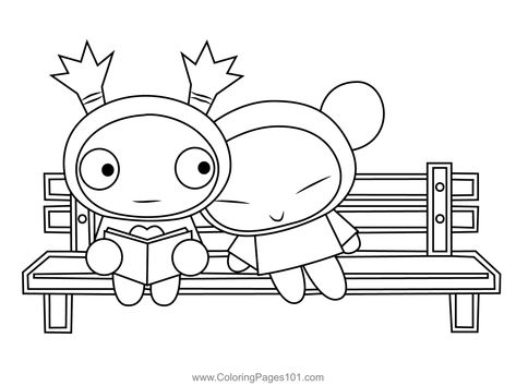 Pucca And Garu Sitting On A Bench Coloring Page Pucca And Garu, Cute Bios, Disney Paper Dolls, Hello Kitty Colouring Pages, Sitting On A Bench, Hello Kitty Coloring, Spooky Gifts, Cute Coloring Pages, Coloring Book Art