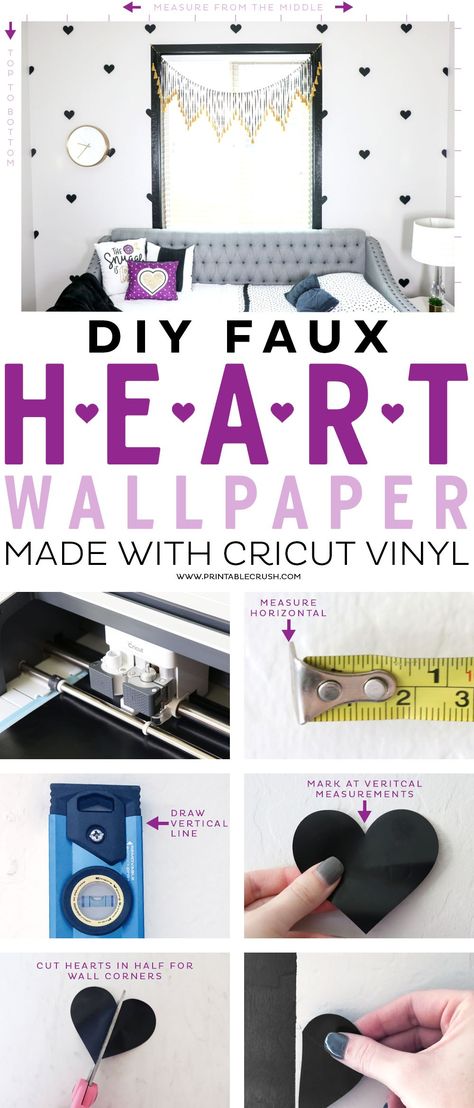 This DIY Faux Heart Wallpaper tutorial made with Cricut Vinyl is SO much easier and less expensive than real wallpaper! Perfect for a girl's room update! #cricutmaker #cricutcraft #diyhomedecor #girlroomdesign Cricut Wallpaper Ideas, Cricut Wallpaper, Wallpaper Tutorial, Real Wallpaper, Girl's Rooms, T Wallpaper, Diy Hanging Shelves, House Crafts, Cricut Tips