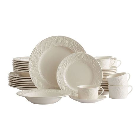 The charming embossed fruit design on this Mikasa English Countryside dinnerware makes it an elegant choice for any meal. The charming embossed fruit design on this Mikasa English Countryside dinnerware makes it an elegant choice for any meal. Expertly crafted from stonewareWHAT'S INCLUDED Eight 11-in. dinner plates Eight 8.25-in. salad plates Eight 9.5-in. rimmed soup bowls Eight 6.5-in. saucers Eight 4.25-in. tea cups Stoneware Dishwasher & microwave safe Model no. 5147314 Size: One Size. Colo Blue Dinnerware Sets, Corelle Dinnerware, White Dinnerware Set, Casual Dinnerware, Blue Dinnerware, White Dinnerware, White Wine Glasses, Dinner Service, Spring Table