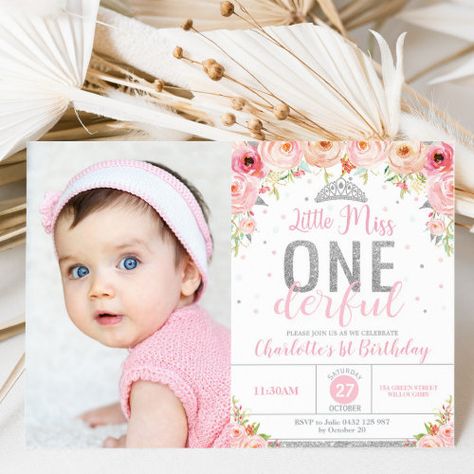 Pink Floral Little Miss Onederful 1st Birthday #missonederfulinvitation #littlemissonederful #pinkwatercolorflowers #blushfloral #girlfirstbirthdayinvite #1stbirthday #pinkflorallittlemissonederful #silverglitter #pinkandsilver #chicphotophotographpictureinvites Little Miss Onederful, Miss Onederful, Invitation First Birthday, Pink Invitation, Floral Birthday Invitations, 85th Birthday, Photo Birthday Invitations, 1st Birthday Invitation, First Birthday Photos