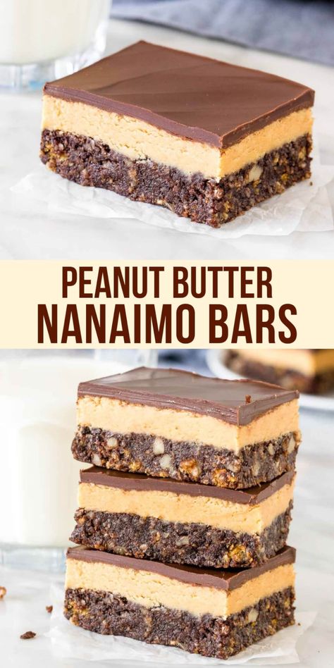 A twist on classic, Canadian Nanaimo bars - these peanut butter Nanaimo bars are perfect for anyone who loves peanut butter or finds the traditional version a little too sweet. I love to make these over the holidays, but they're delicious any time of year. #nanaimobars #peanutbutter #bars #nanaimos #nobake #canadian #classic #holidays from Just So Tasty Nanaimo Bar Recipe, Peanut Butter Rice Krispie Treats, Favorite Christmas Recipes, Nanaimo Bars, Square Recipes, Peanut Butter Filling, Peanut Butter Cup, No Bake Bars, Rice Krispie Treats