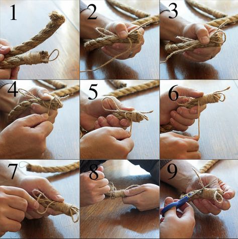 Instructions on how to make the rope tie backs Curtain Tie Backs Diy, Rope Tie Backs, Curtain Finials, Rope Crafts, Curtain Ties, Wooden Projects, Summer Decorating, Curtain Tie Backs, Diy Curtains