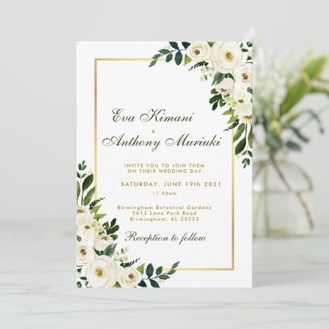 Watercolor Floral Green and Gold Wedding Invitation | Zazzle.com Green White Gold Wedding, Blank Wedding Invitation Templates, Gold Frame Wedding, Blank Wedding Invitations, Birmingham Botanical Gardens, Frame Wedding Invitation, Wedding G, Green Wedding Invitations, Frame Wedding