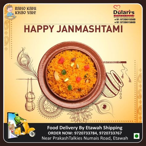 Happy Janmashtami! May Murli Manohar continue to bestow health and prosperity on your loved ones, and may you always find peace. #dularikitchen #janmastmispecial❤️✨ #janmashtami #janmashtami2022 #lordkrishna #festivalfashion #krishnalove #etawah Food Typography, Digital Marketing Quotes, Social Media Advertising Design, Digital Marketing Design, Happy Janmashtami, Food Menu Design, Hotel Food, Food Content, Food Graphic Design