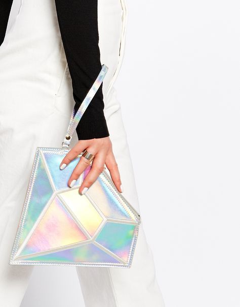 Daisy Street Holographic Diamond Clutch Bag Diamond Clutch, Holographic Fashion, Holographic Bag, Diamond Party, 일본 패션, Bag Style, Visual Kei, Diamond Shapes, Fashion Bags