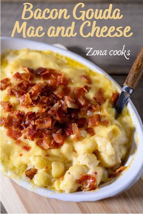 Bacon Gouda Mac and Cheese is delicious, quick and easy, ready in about 40 minutes. This recipe is loaded with your favorite shaped pasta or macaroni, smoked gouda cheese, white cheddar cheese, seasonings, and topped with crisp crumbled bacon. Bacon Gouda Mac And Cheese, Mac And Cheese Gouda, Gouda Mac And Cheese Recipe, Bacon Mac And Cheese Recipe, Gouda Cheese Recipes, Bacon Mac N Cheese, Cheese Ziti, Gouda Mac And Cheese, White Mac And Cheese