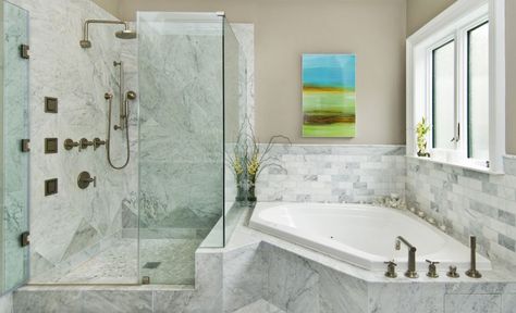 Fresh Designs Built Around A Corner Bathtub Corner Tub Master Bath, Corner Tub Shower Combo, Tub Master Bath, Corner Tub Shower, Corner Jacuzzi Tub, Master Bath Layout, Bathtubs For Small Bathrooms, Bathtub Ideas, Bathtub Remodel