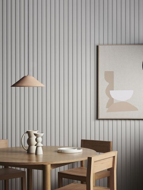 Add depth and dimension to your interior with the Surround by Laminex French Strip 30 decorative wall panel profile. The sophisticated details portrayed in the narrow stripes of this stylish profile will alter any space of your next project. Fluted Panel, Stripe Wall, Mdf Plywood, Striped Walls, French Stripes, Decorative Wall Panels, White Paneling, Facade House, Decorative Wall